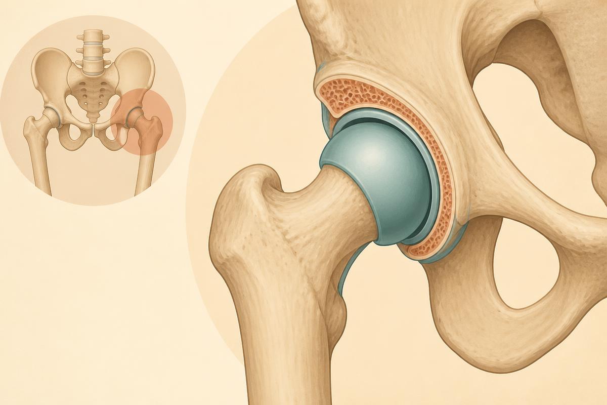 Illustration of the hip joint showing the rounded femoral head sitting inside the cup-shaped socket of the pelvis