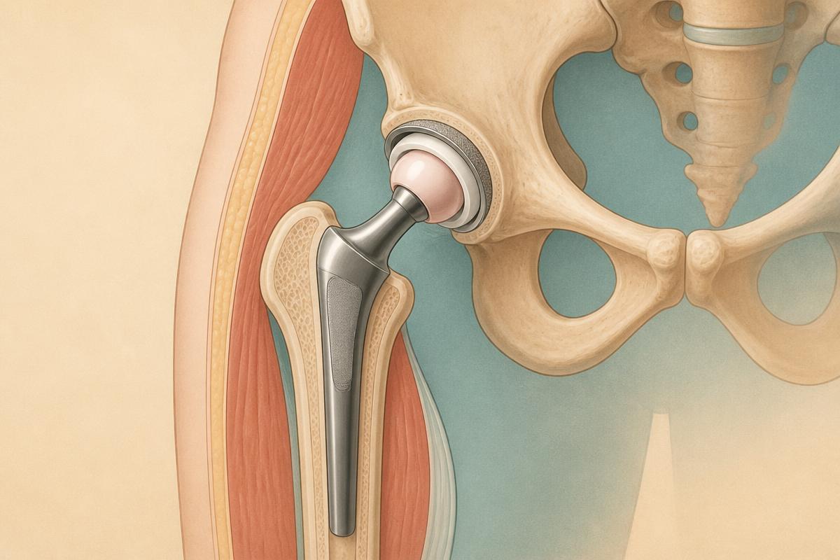 Illustration of a hip replacement in place, showing the metal stem inside the thigh bone, the new ball, and the cup fitted into the pelvis