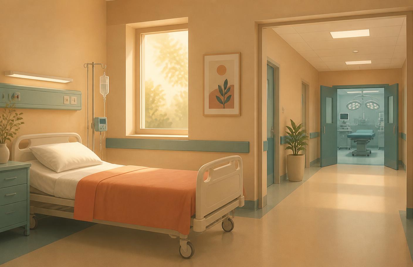 A calm hospital room with a bed and warm light through the window, with an operating theatre visible along the corridor